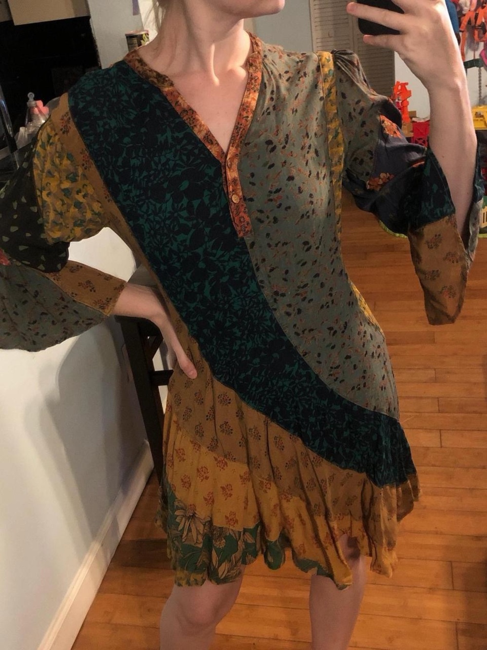 Mixed-Print patchwork V-Neck Midi Dress in earthy tones